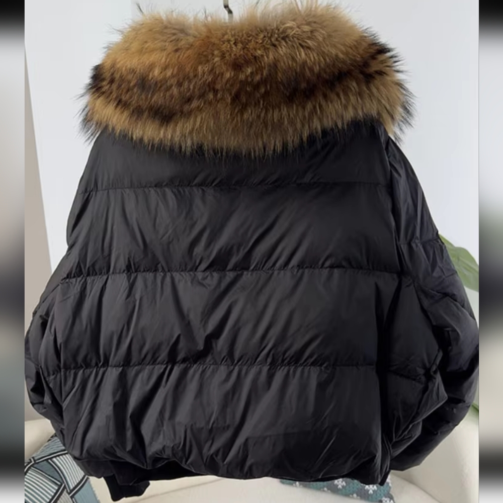 Natural Real Big Raccoon Fur Collar Winter Jacket Women Loose - Picture 4 of 4